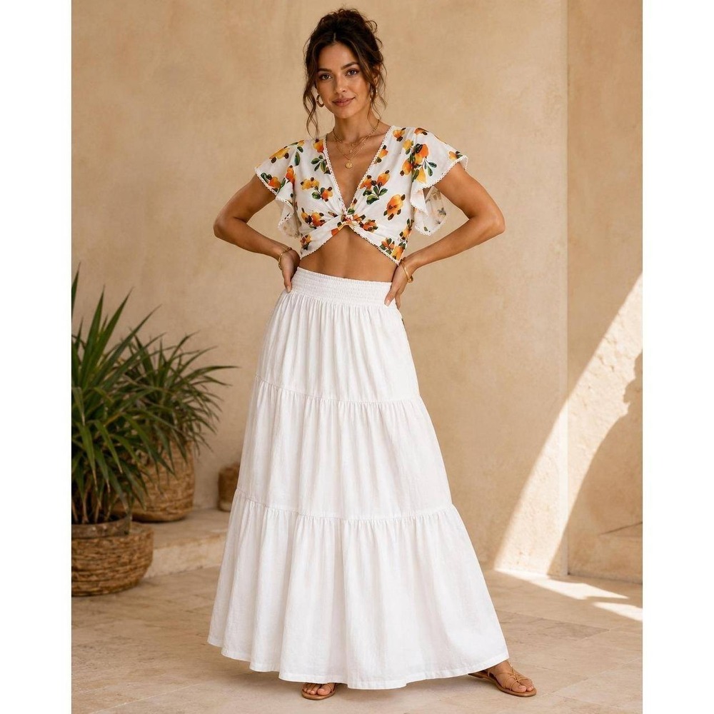 FARM Rio Cashew Fruit Print Twist Front Crop Top Flutter Sleeve Lace Trim Size S